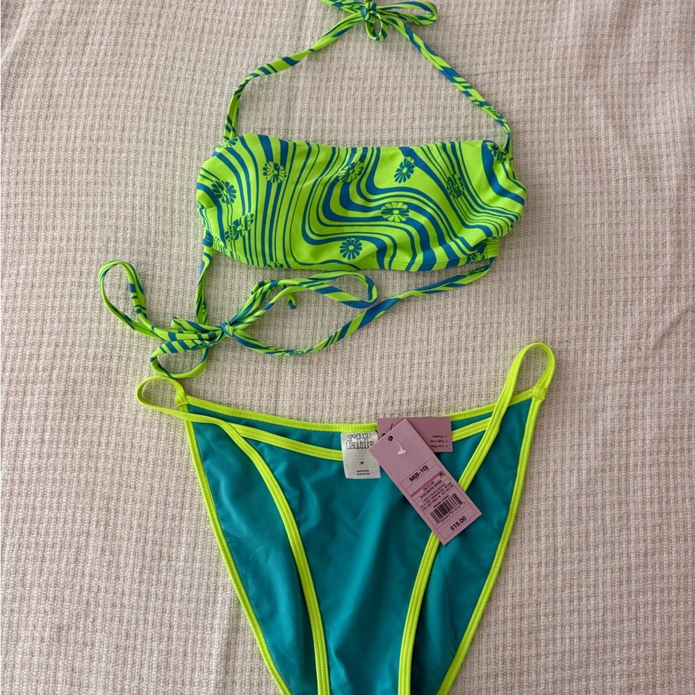 wild fable Neon Green & Teal Swirl Bandeau Bikini